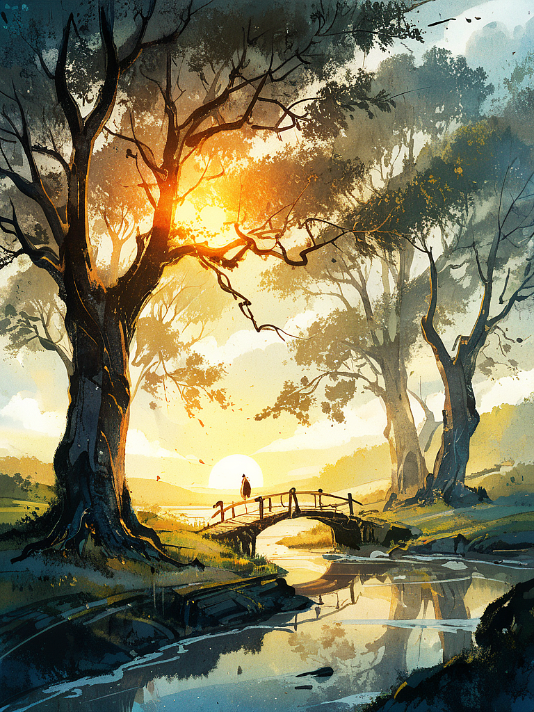 枯藤老树昏鸦，小桥流水人家，古道西风瘦马，夕阳夕下，断肠人在天涯（图ZMzYzNzA0NDky） - AI作品 - 站酷设计师工藤星1原创素材 - 站酷ZCOOL