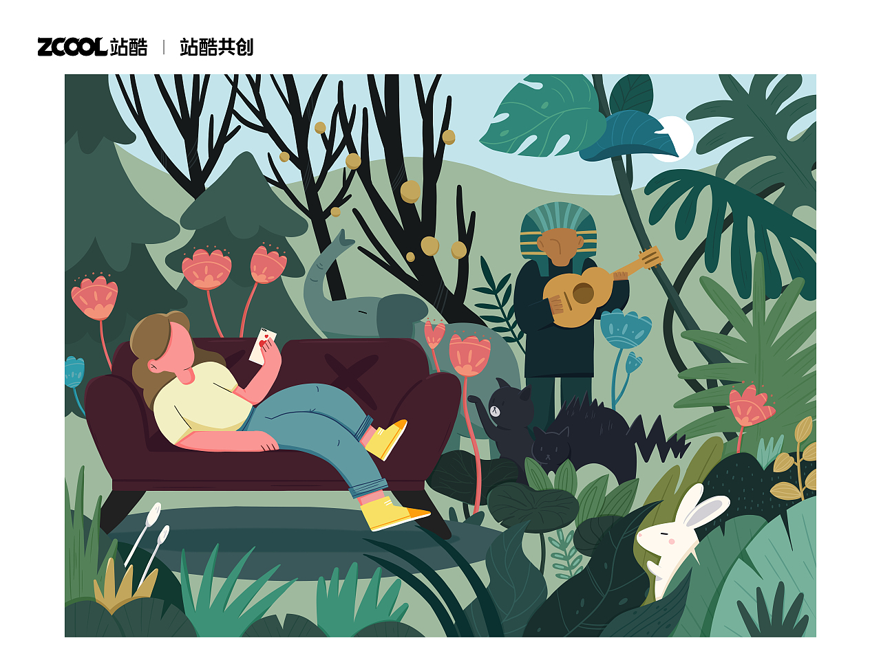 在热带雨林中刷手机（图ZMzQ0MDY2MDAw） - 艺术插画 - 站酷设计师海绵他奶原创素材 - 站酷ZCOOL