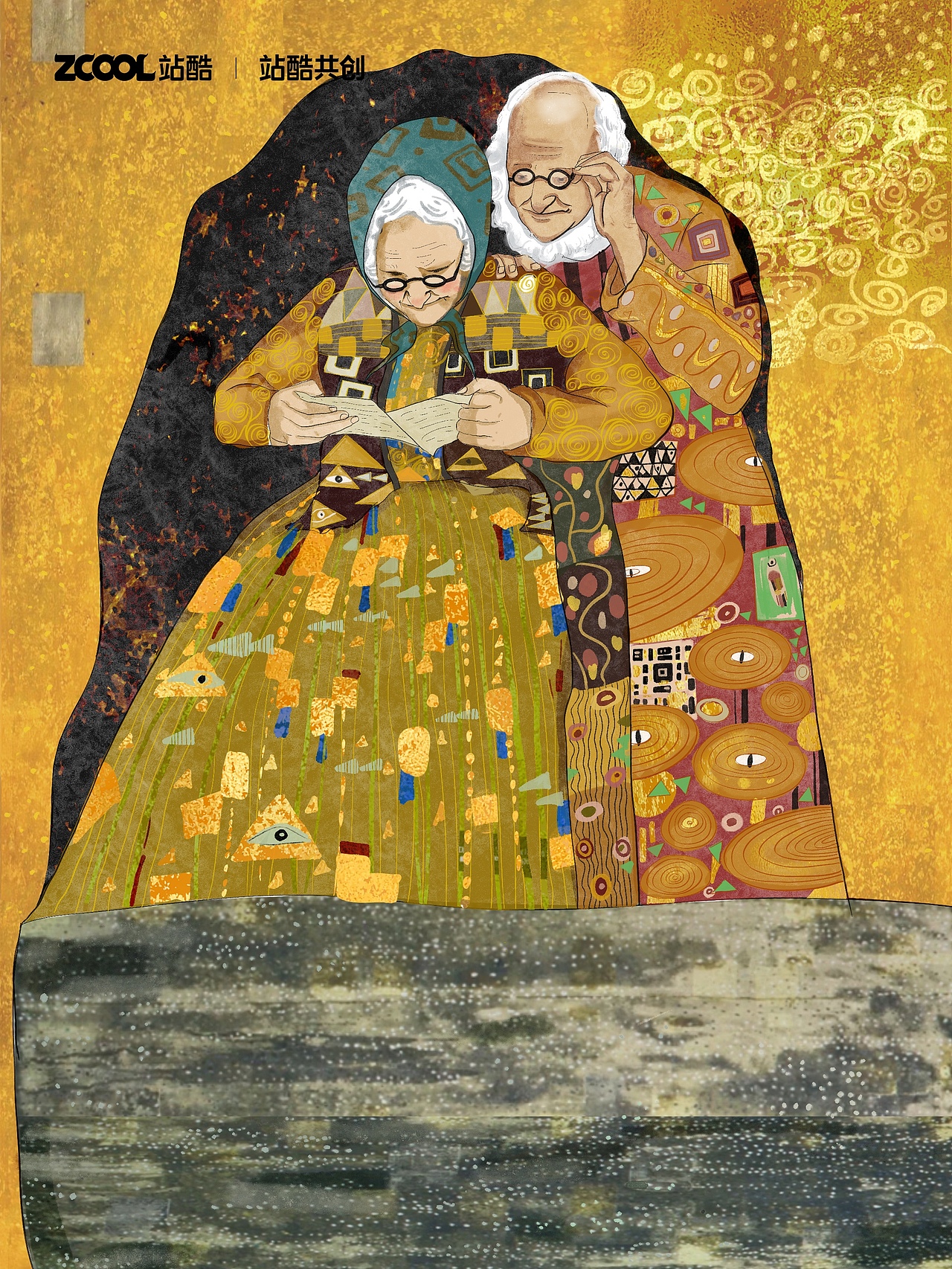 #世界名画100#克林姆特#《老伴儿》（图ZMzQzOTgxMTg4） - 艺术插画 - 站酷设计师Estelle__原创素材 - 站酷ZCOOL