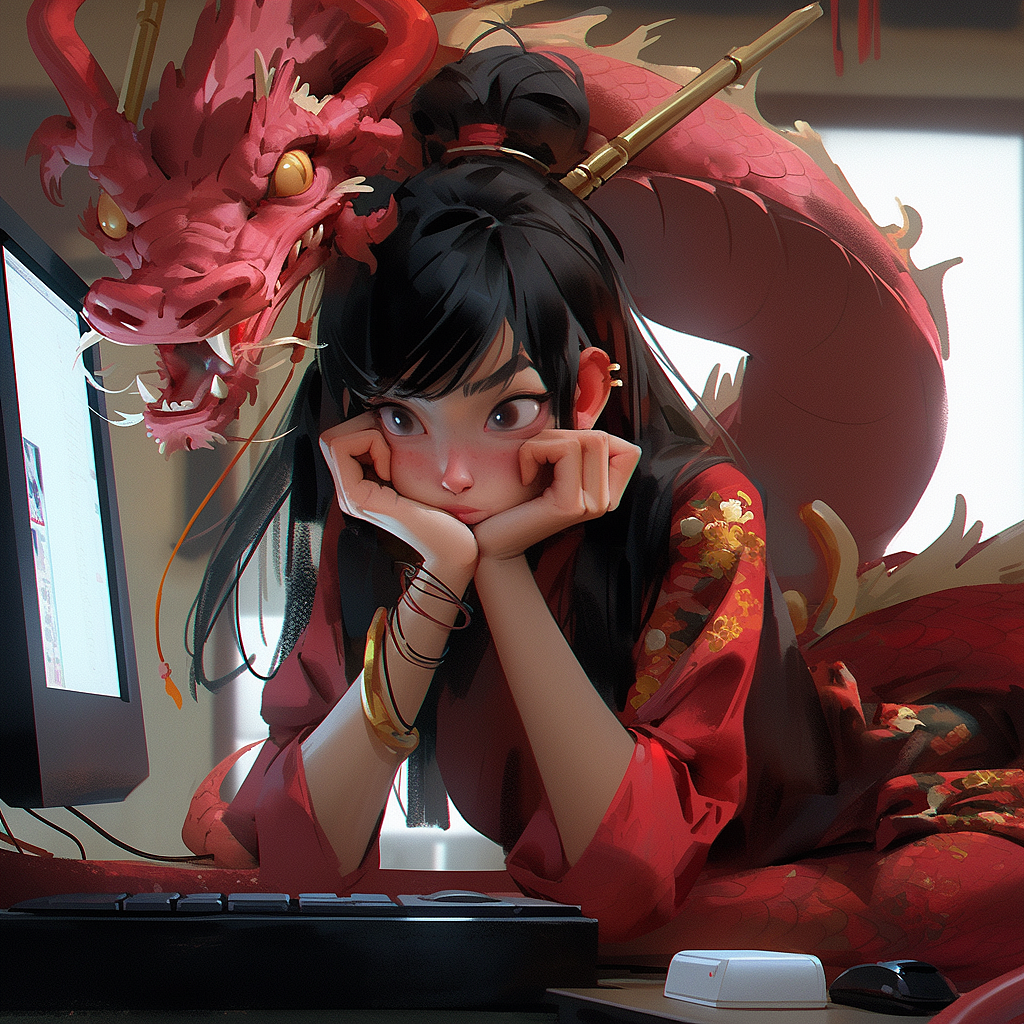 除夕逐渐暴躁的加班龙（图ZMzYwNDI4ODQw） - AI作品 - 站酷设计师Radon原创素材 - 站酷ZCOOL