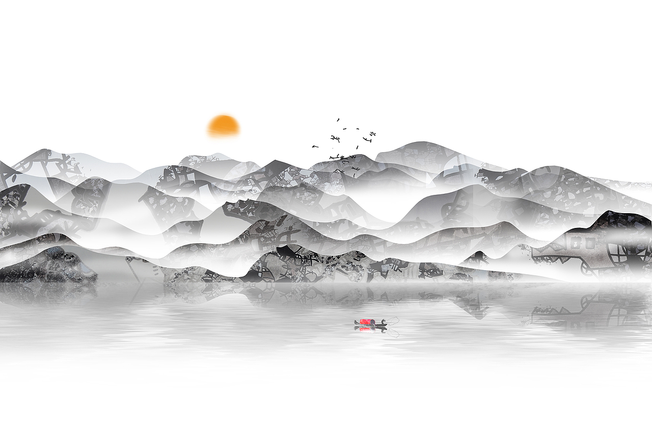 汉字艺术文字元素组成的山水画--用做包装盒内衬，硫酸纸印刷至于团扇之上，团扇音乐可见更好的彰显艺术风格。