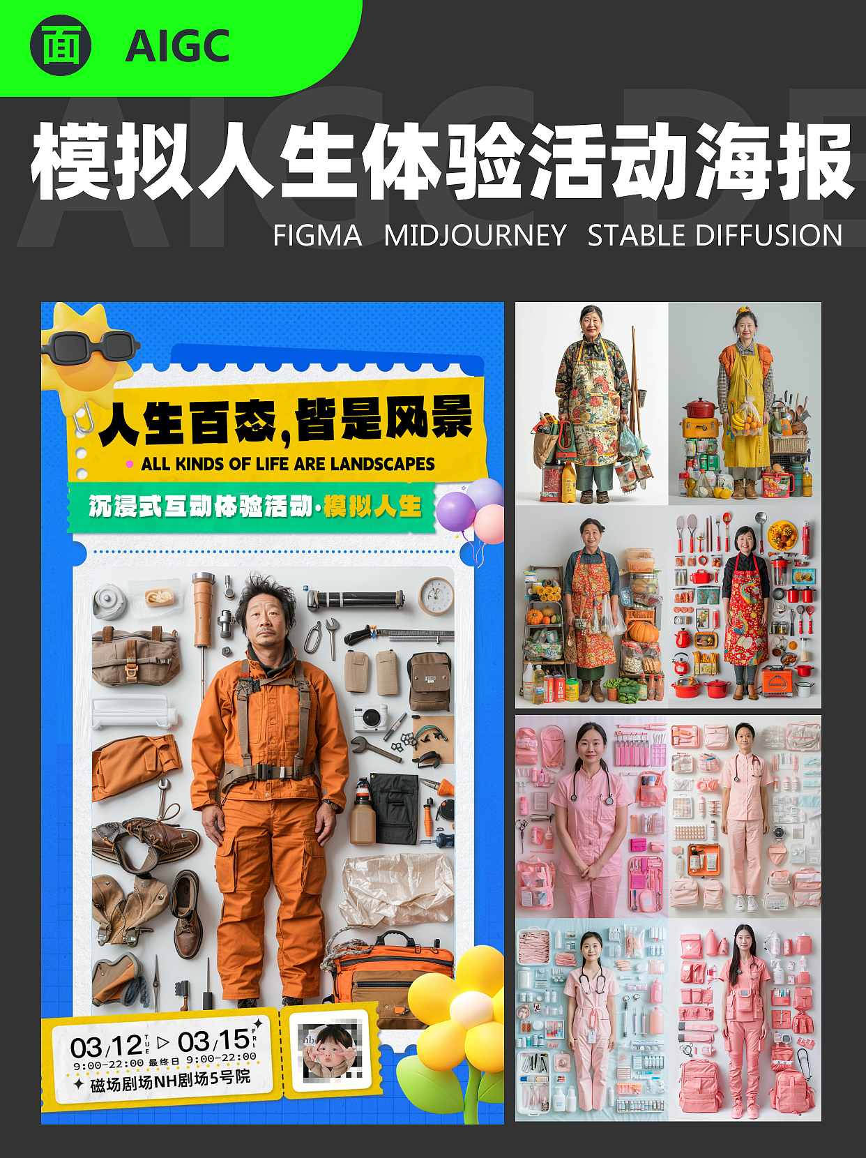 模拟人生体验海报设计,人物平铺mj咒语分享