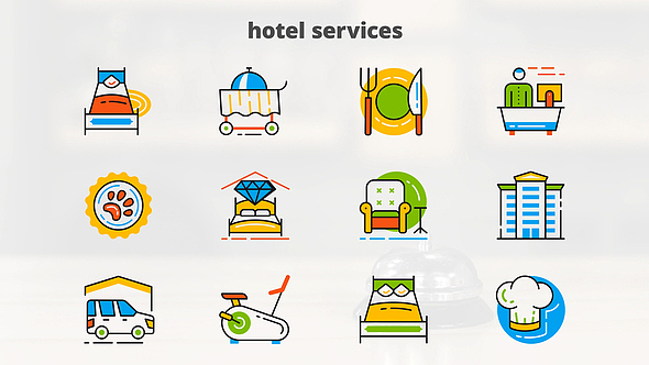 AE模板|简洁美丽动漫酒店服务平面动画图标展示片头