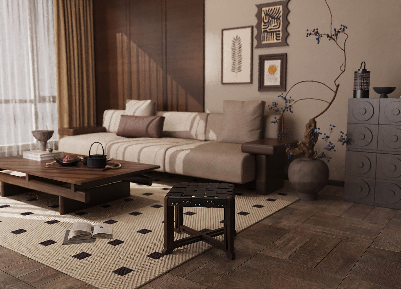 第四十三期keyshot极简客厅场景源文件ks侘寂风场景KSP