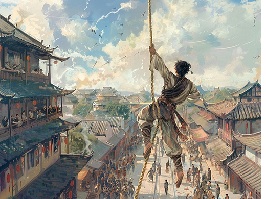 AI+PS小说插图，长安“神仙索”杂技