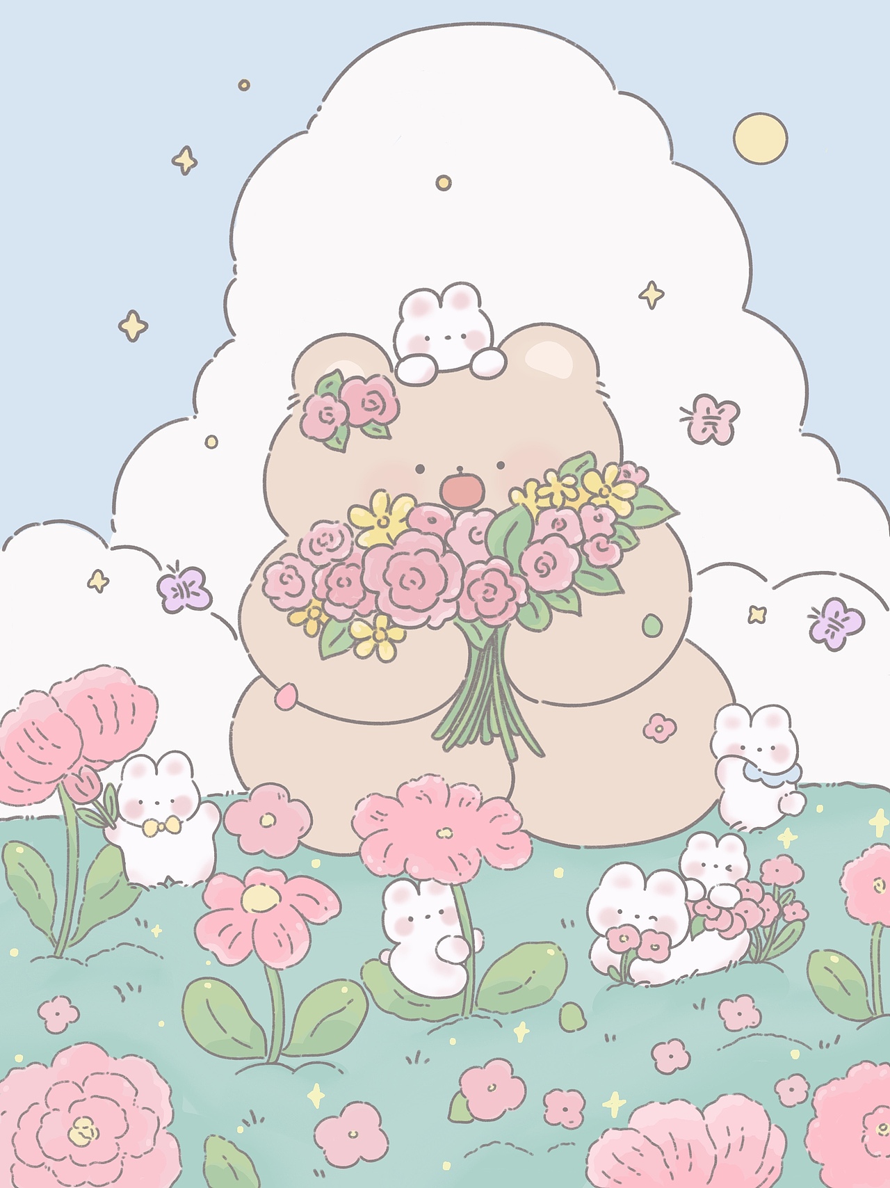 小兔兔和小熊一起摘花