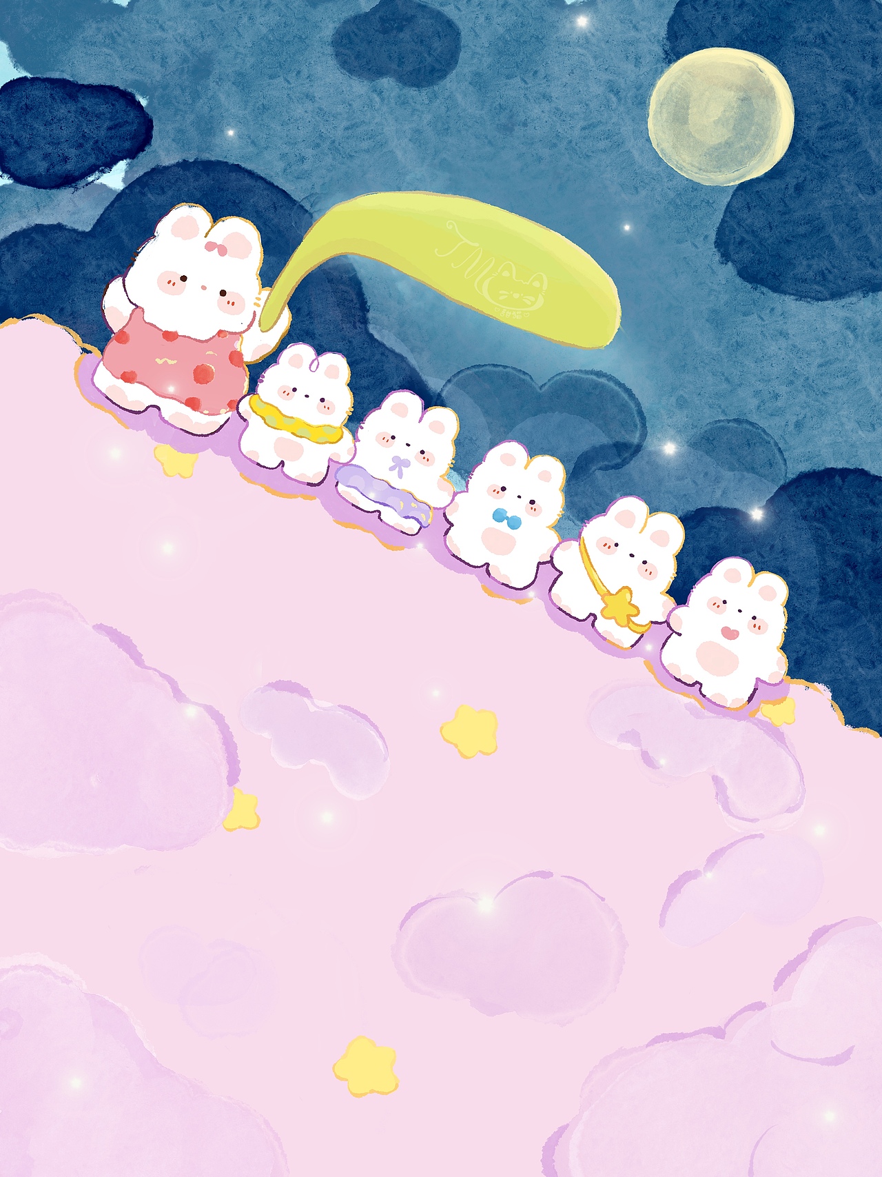 小兔们一起去看了夜晚的天空。