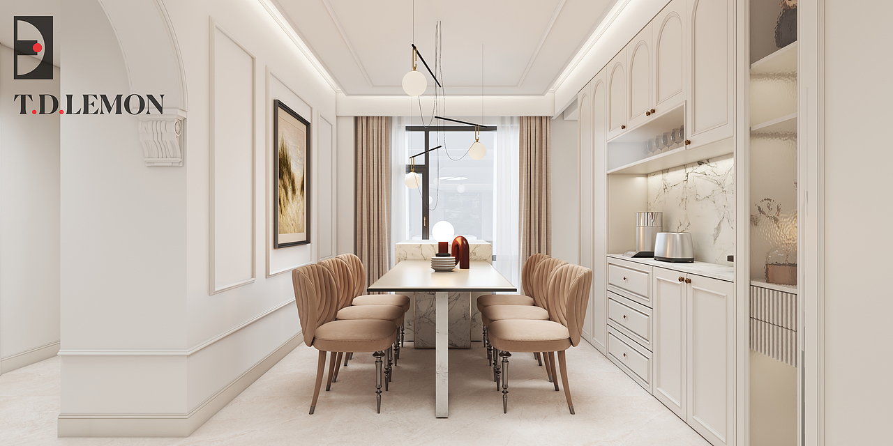 餐厅采用悬浮吊顶增加空间高度,各种圆弧的柜门与过道的拱形柱托相互呼应,处处彰显法式浪漫