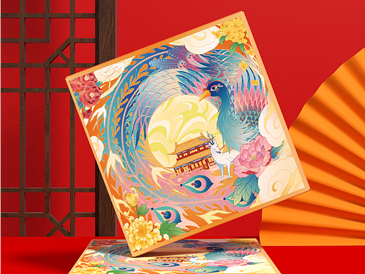 中秋 月饼礼盒 中秋月饼百鸟朝凤国潮风插画包装设计