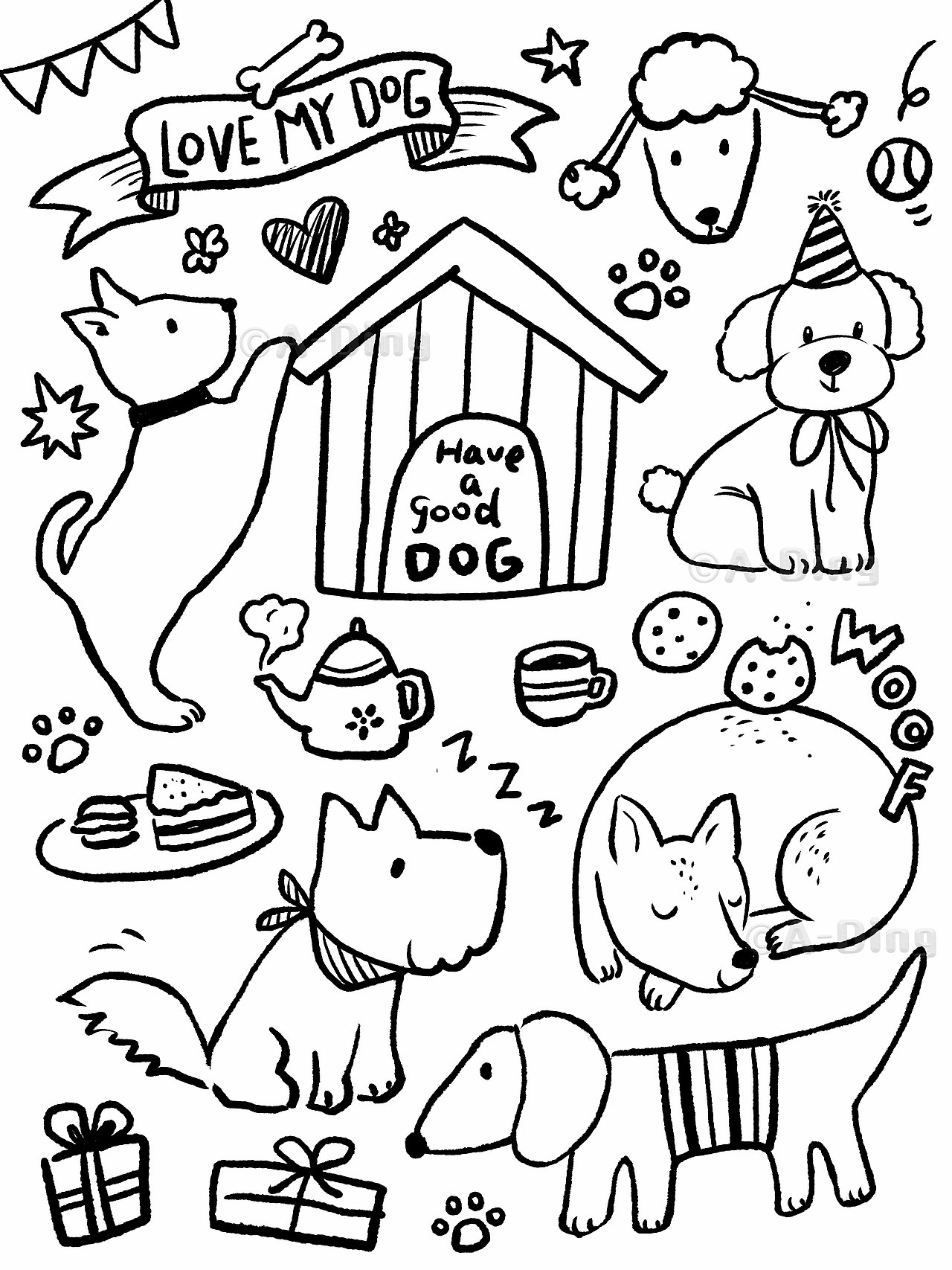 黑白手帐素材-小狗的聚会-简笔画动物