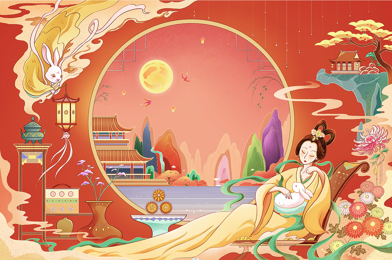 美美的2024中秋节礼盒插画