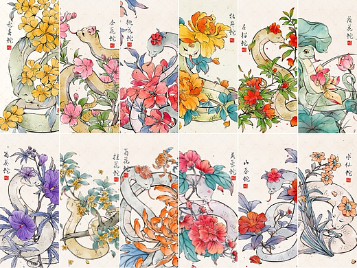 蛇年系列，蛇与十二花令国风系列插画作品