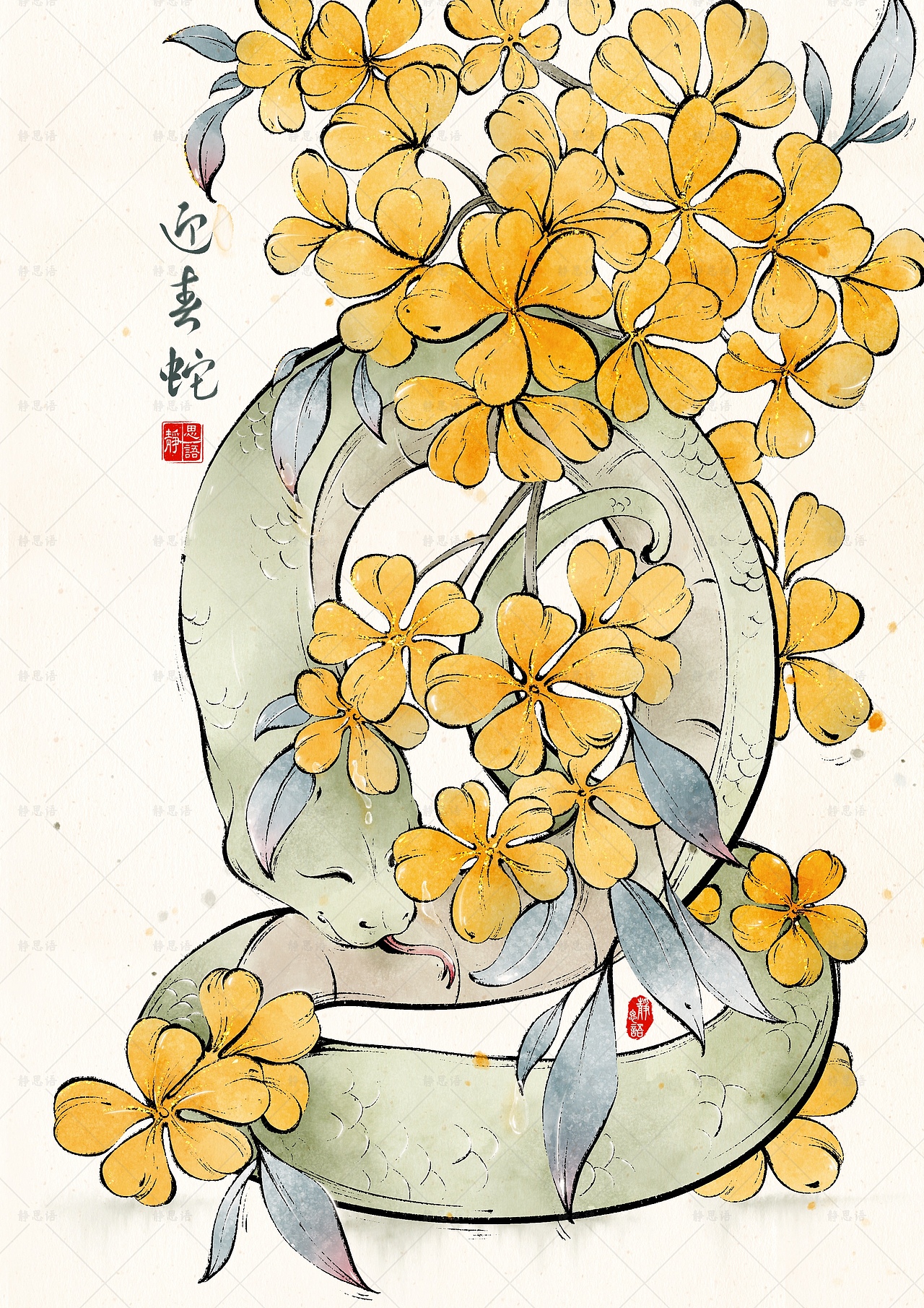 蛇年系列，蛇与十二花令国风系列插画作品（图ZMzcyMzMwNDg0） - 商业插画 - 站酷设计师画画的静思语原创素材 - 站酷ZCOOL