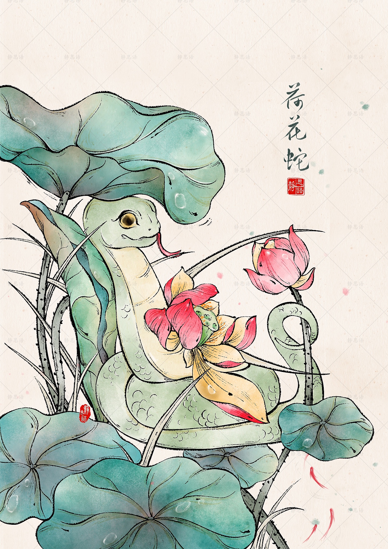 蛇年系列，蛇与十二花令国风系列插画作品（图ZMzcyMzMwNTAw） - 商业插画 - 站酷设计师画画的静思语原创素材 - 站酷ZCOOL