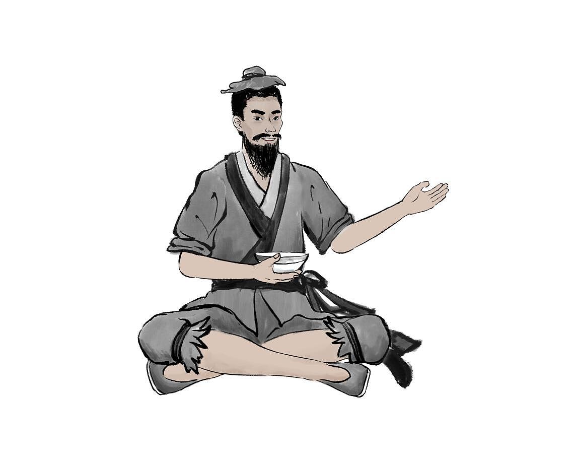 动漫手绘水墨山水渔夫坐船上桌子上酒坛子端酒碗PSD