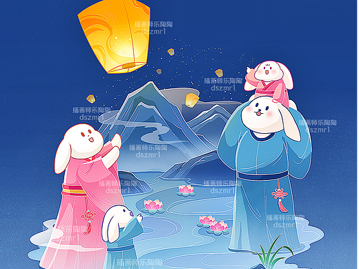 国风商业插画/中秋节原创系列插画玉兔祈福