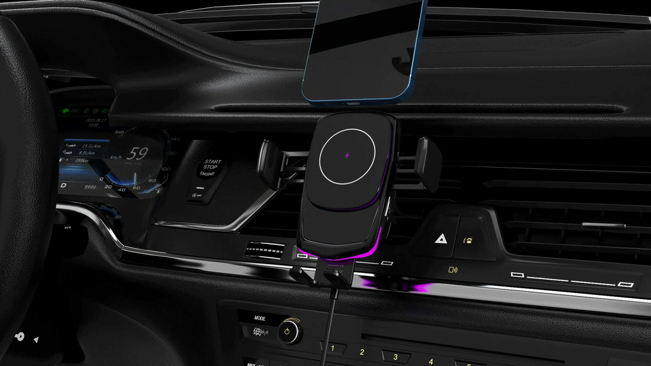 智能电动车载无线充支架,三维产品动画渲染