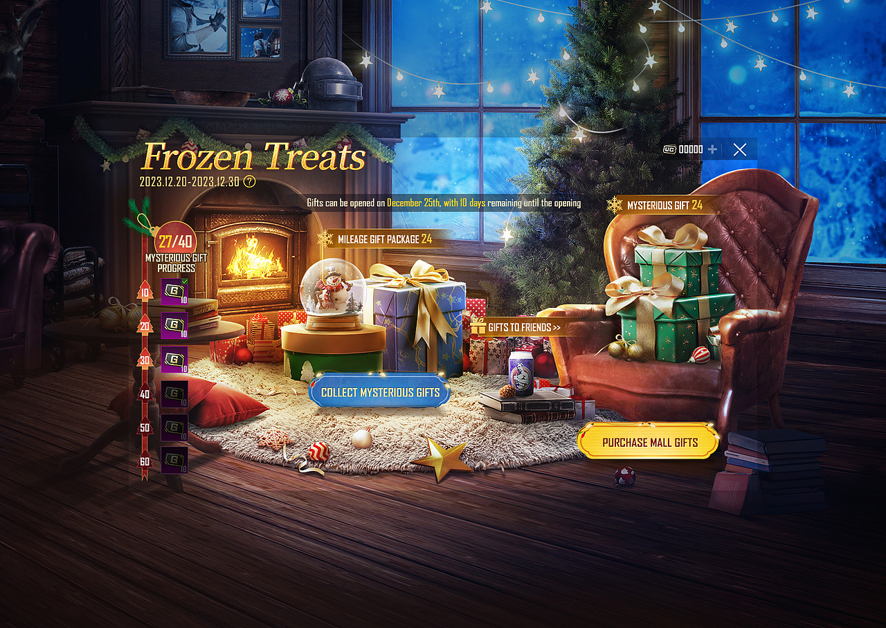 界面结构与交互逻辑 / Layout & Interaction
<br>**主界面(大厅)**集中展示礼物进度条、可解锁奖励、水晶球大奖等核心动线,引导玩家参与任务收集<br><br>礼物打开页以转盘翻页式展示不同礼盒,点击可“Open 1”或“Open All”,提供即时反馈与视觉奖励<br><br>朋友互赠按钮清晰引导社交功能,促进用户分享传播The main screen features a progress tracker, milestone rewards, and a central snow globe prize. The gift-opening pages use a horizontal carousel-style interaction to display various gifts. Buttons like "Open 1," "Open All," and "Gifts to Friends" are clearly highlighted, guiding users through the flow and encouraging sharing and gifting.