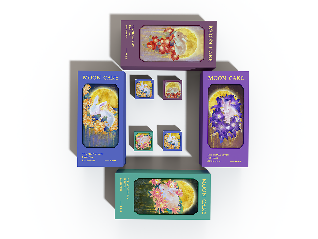 中秋月饼礼盒插画包装设计-花花，兔兔与月亮（图ZMzcyODAxMDI0） - 商业插画 - 站酷设计师昊设计Hdesign原创素材 - 站酷ZCOOL