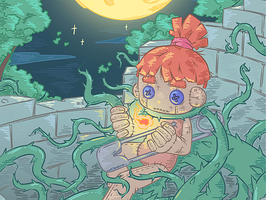 夜里枯井中缠满荆棘的人偶