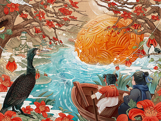 中秋古风插画设计（月饼小镇）