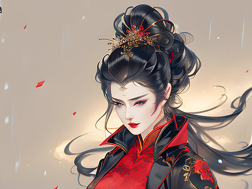 "古典韵味——红黑华服下的神秘东方佳人"