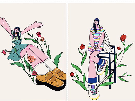 扁平风•夸张变形•大透视•人物插画•小场景