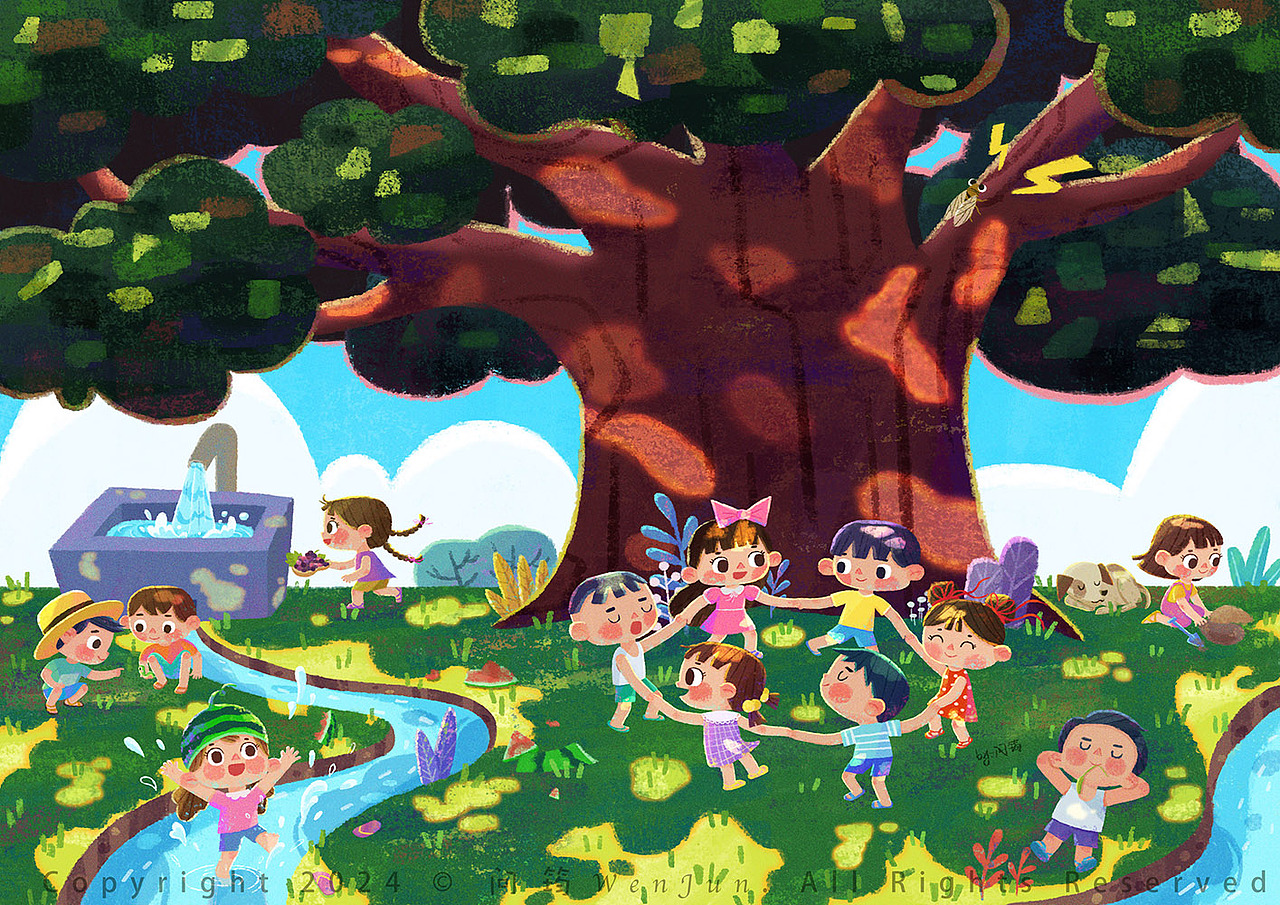 童年系列——树荫童梦（图ZMzczMzUwNDI4） - 儿童插画 - 站酷设计师问筠原创素材 - 站酷ZCOOL