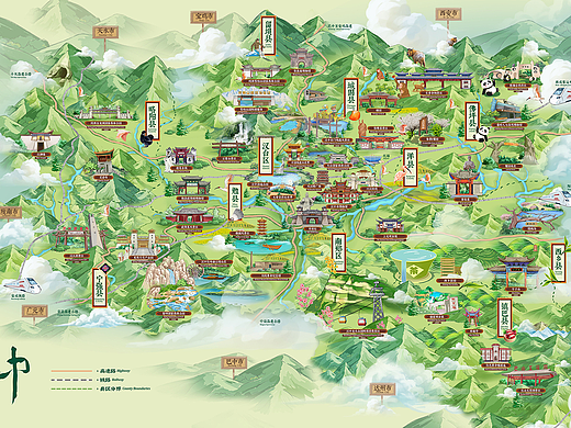 汉中旅游手绘地图（个人主页-ZNjkwODc1MDg=） - 商业插画 - 站酷设计师Wsp小魏原创素材 - 站酷ZCOOL