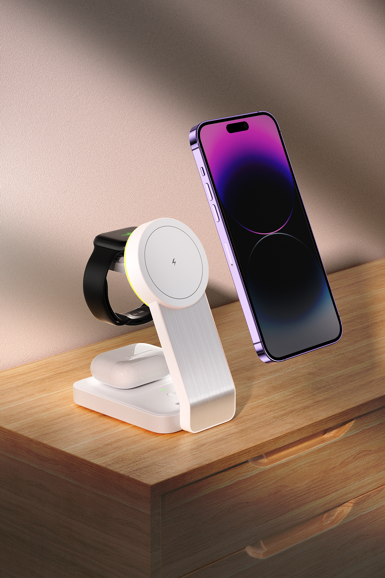 Qi2 3合1无线充电站,产品动画渲染