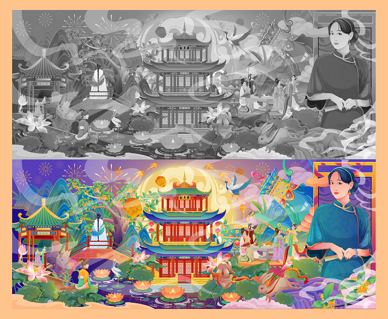 月满中秋-中秋游园会-矢量国潮包装插画