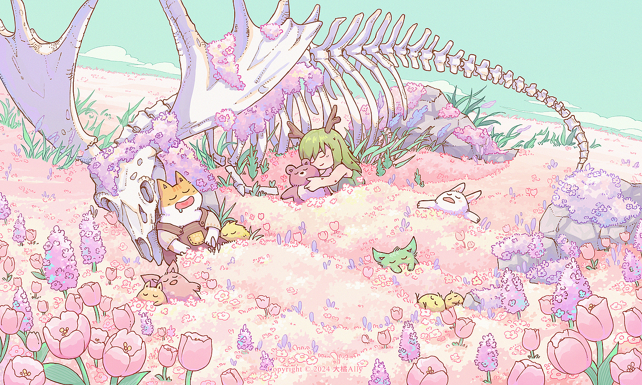 大橘和树灵十里相遇后，小动物们在相处过程中，慢慢的不再害怕十里身上的尖刺了。
<br>这一天阳光正好，春风里夹带着障障花香，大家在花海中游玩时看到正在休息的驼鹿，于是也决定靠在一起，盖着柔软的花朵被子，甜甜的也来休息一下~