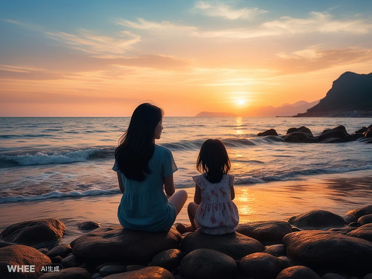 夕阳下看海的母女（图ZMzczNzY1MTQw） - AI作品 - 站酷设计师R橘next原创素材 - 站酷ZCOOL