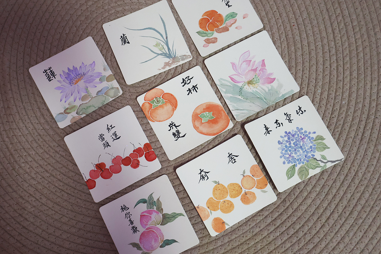 手绘柿子国画花草蔬果小品荷花插画樱桃橙插画