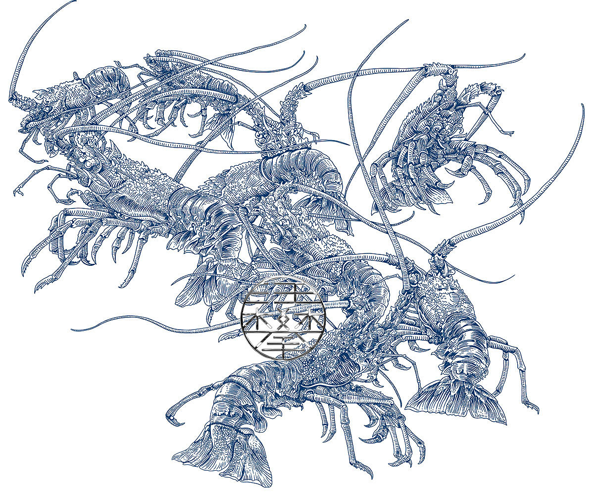 龙虾/带鱼/鸡版画,农产品包装插画设计