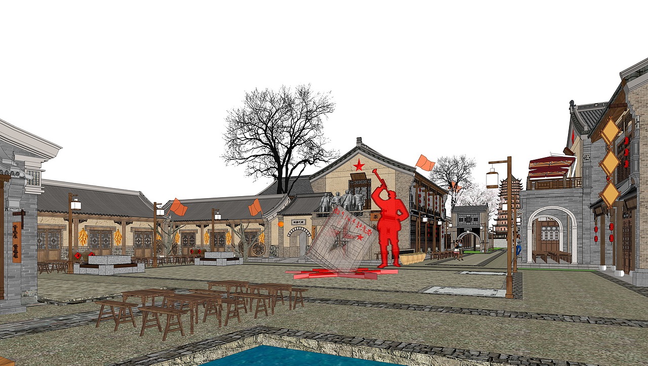 安吴堡青训广场红色文化街区SU模型下载