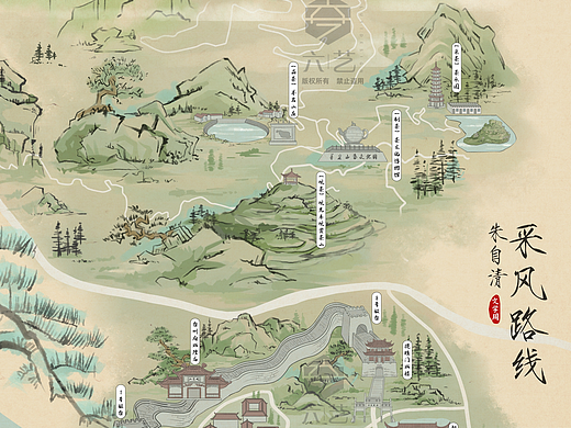 台州府城朱自清采风路线古风手绘地图