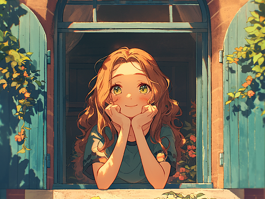 窗台后的小女孩