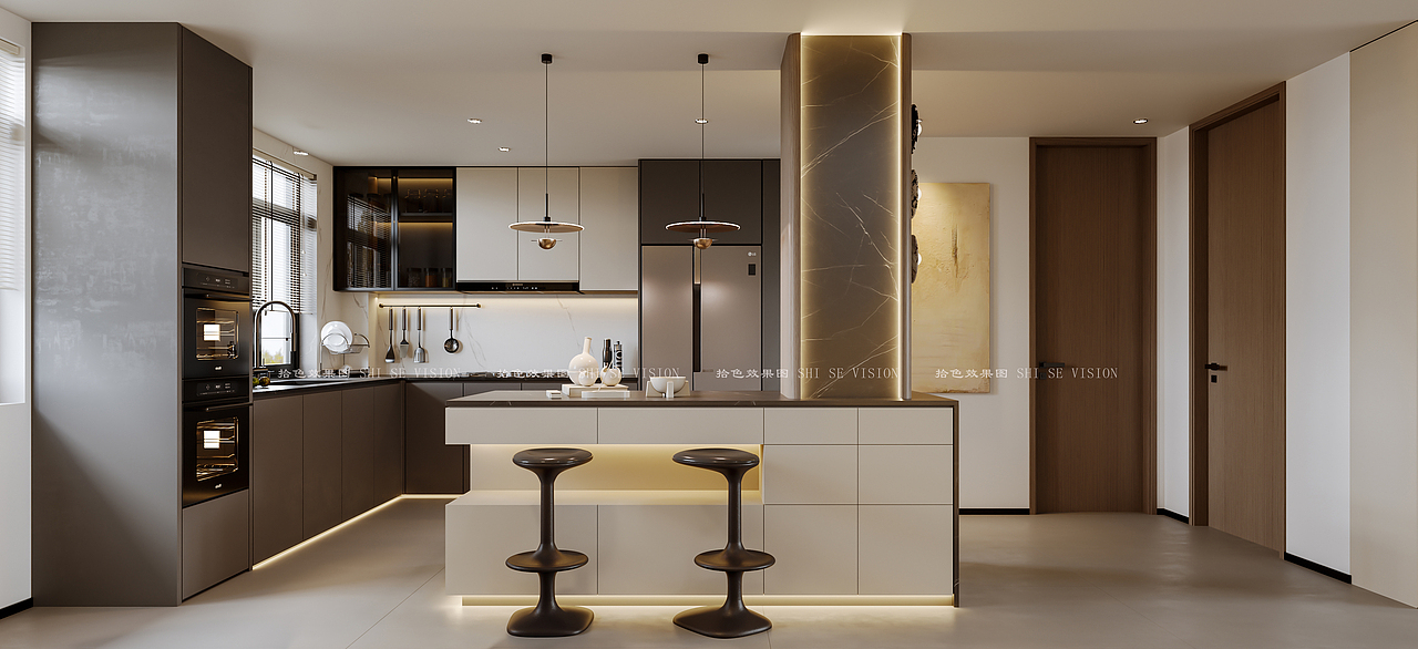 现代别墅 客厅 餐厅 开放式厨房