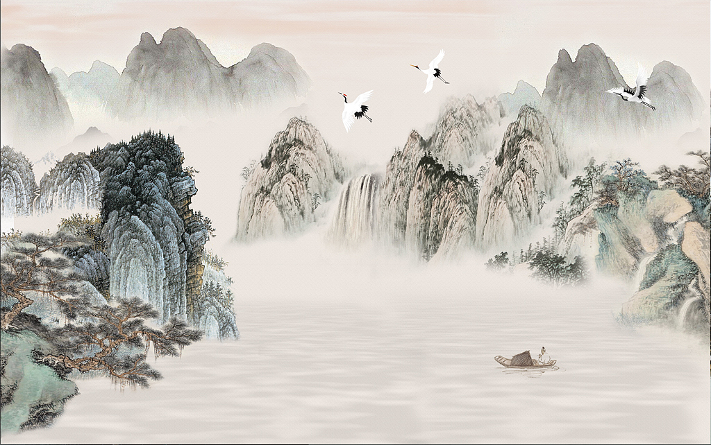 新中式背景墙壁画设计