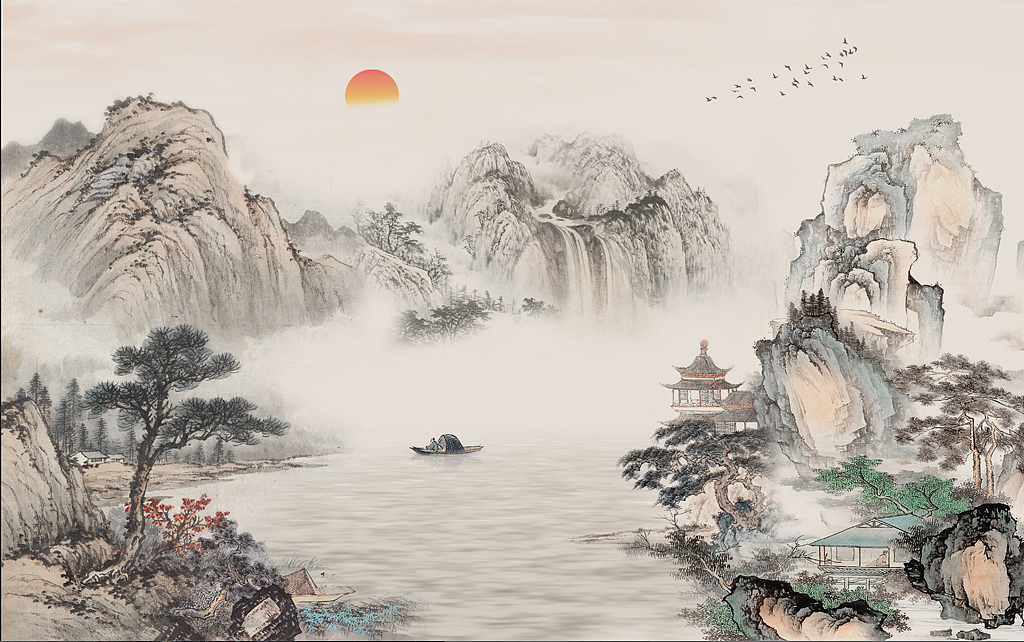 新中式背景墙壁画设计