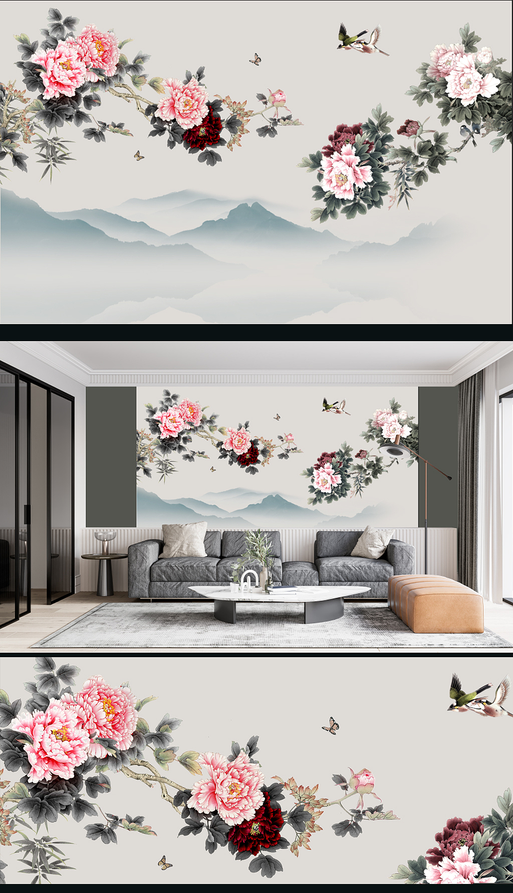 新中式高清花鸟壁画设计案例分享