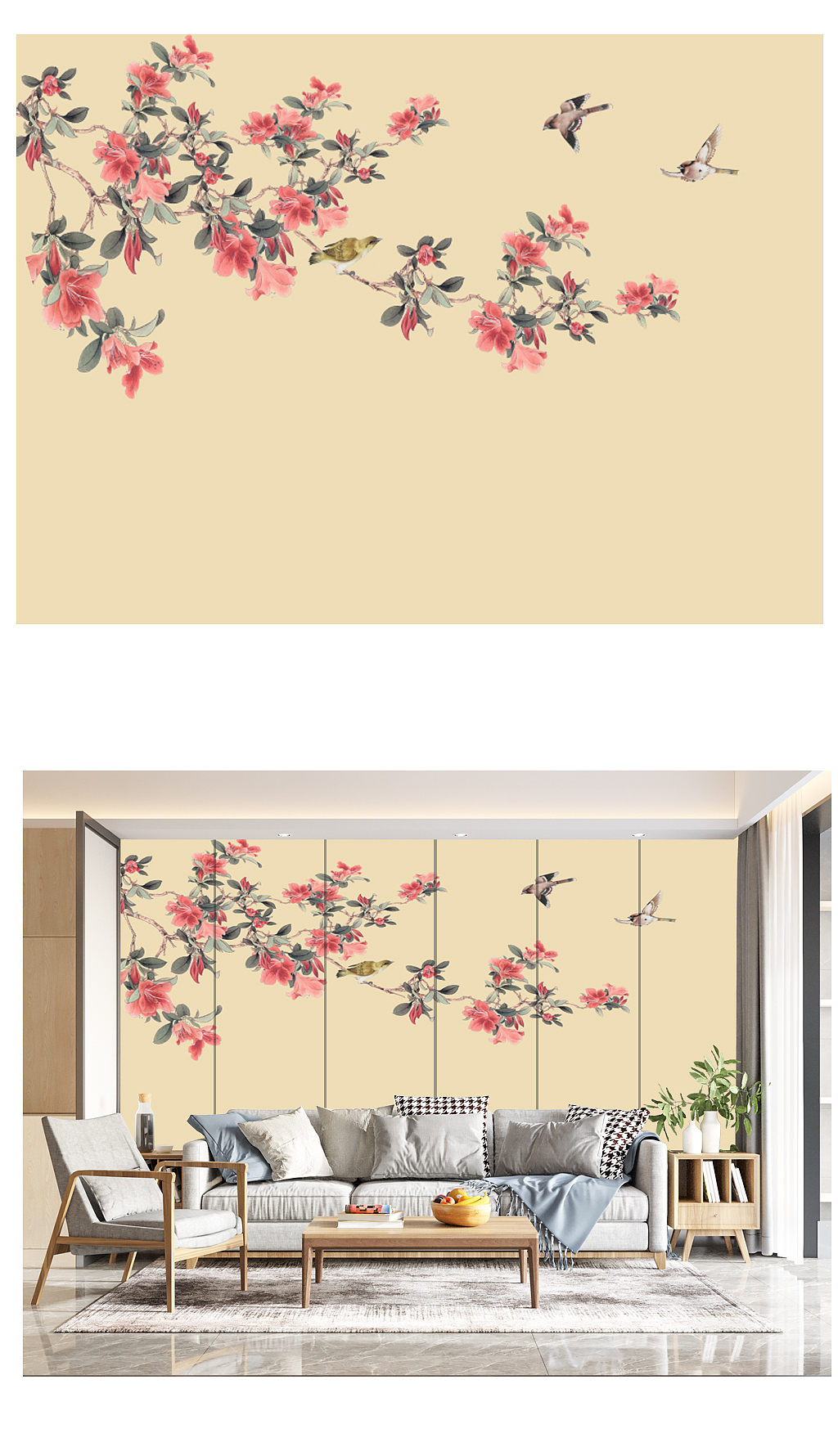 新中式高清花鸟壁画设计案例分享