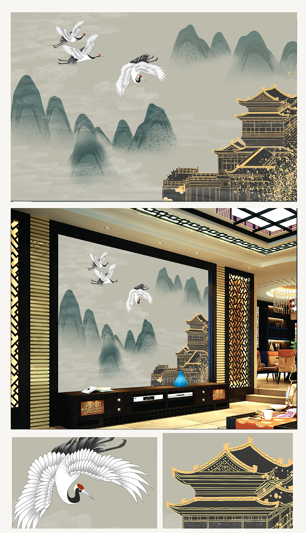 新中式高清花鸟壁画设计案例分享