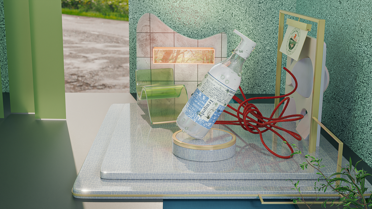 该图片展示了一个专业且具有视觉吸引力的护肤品电商产品渲染设计。设计中运用了现代简约风格，以极简主义为基调，将产品的设计理念通过图片展现出来。配色以绿色和白色为主，营造出清新、自然、健康的感觉。绿色与白色象征着产品的天然和环保属性，同时也突出了其对肌肤有益的特性。
<br>在氛围营造方面，场景中柔和的光线强调了产品的轻盈和温和，给人一种舒适、放松的感觉。绿色植物的加入增加了自然元素，使整个画面更加生机勃勃。光线在产品上形成柔和的阴影，增加了产品的立体感，突出了产品设计细节。<br><br>总体而言，该图片利用专业的摄影技巧和渲染技术，结合产品特点，为护肤品创造了一个和谐、现代、吸引人的视觉形象。这种设计有助于在电商平台吸引消费者关注，提高产品知名度和销量。