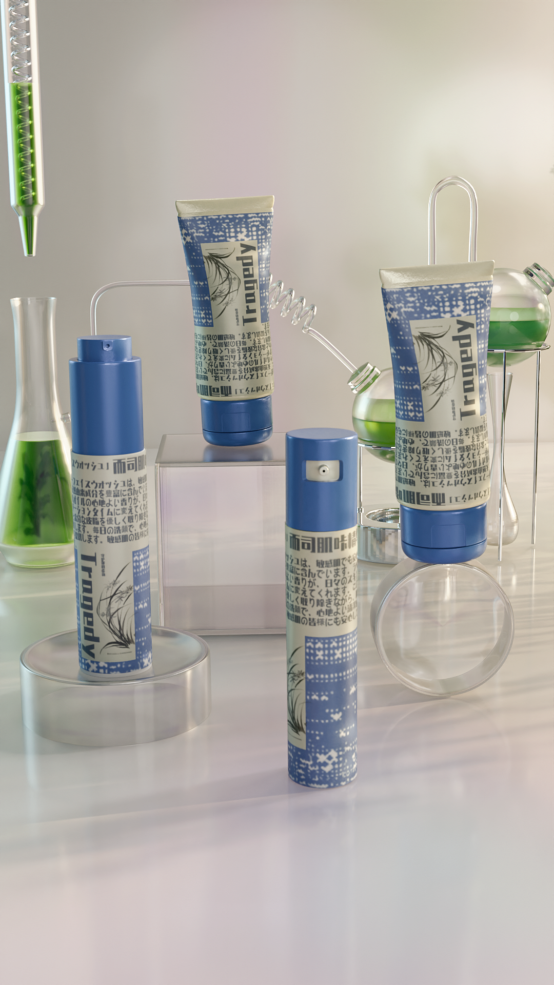 这款护肤品的电商产品渲染设计旨在以视觉上吸引人的方式展示其特点和品质。该系列包括多种产品，如保湿霜、洁面乳和化妆水等，包装采用统一的蓝白配色，这不仅营造出干净清新的氛围，还与实验室背景相得益彰，暗示产品的技术性和科学成分。
<br>在光线应用方面，场景中自然光与实验室设备内人工光的结合，突出了产品包装上的信息，同时柔和的背景光为产品营造出一种高端、科技感十足的氛围。这种光线应用不仅增加了画面的深度，还使产品显得更具品质和吸引力。<br><br>配色方案和背景选择也起到了强调产品功能和特点的作用。实验室环境的加入，让消费者对产品的专业性、科学性以及安全可信度产生信赖感。总体而言，这款护肤品的渲染设计有效地传达了产品的技术优势，增强了其市场竞争力。