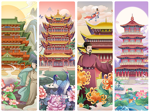 四大名楼场景人物插画合集 | 古建筑插画