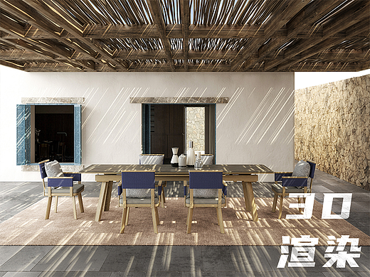 户外家具渲染 | 高端写实 | 侘寂风户外餐桌椅