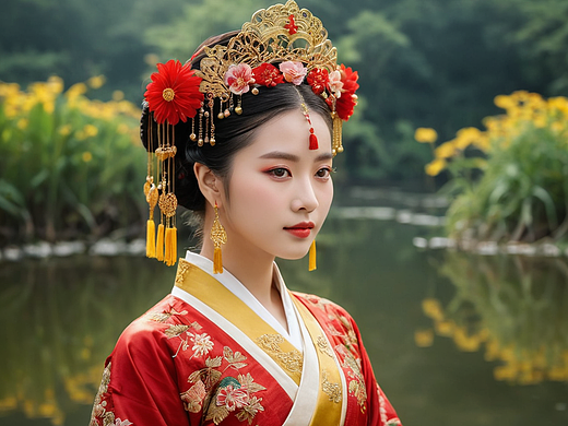 穿着漂亮汉服的女孩在园林打卡