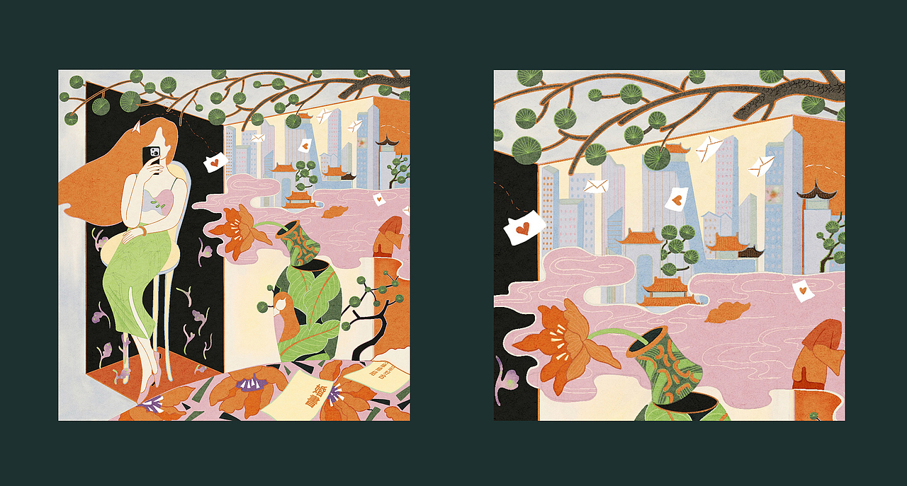 国潮插画|虚实之间:古今的爱情捉迷藏